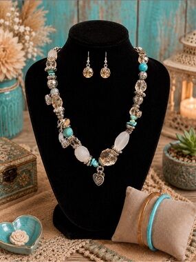 Turquoise and white necklace bracelet & earring set